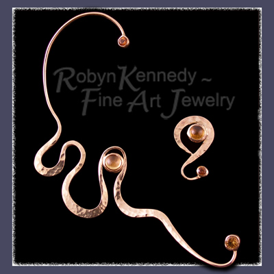 Hand Forged 18 Karat Yellow Gold Earrings accented with Cabochon and Facetted Citrines Image