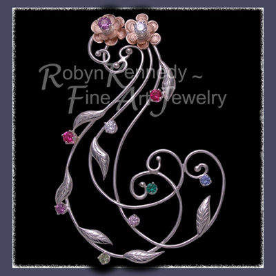 14 Karat Rose Gold, Sterling Silver, Alexandrite, Diamond, Ruby, Peridot, Pink Tourmaline, Emerald and Blue Zircon 'Donaldson Family' Brooch Image