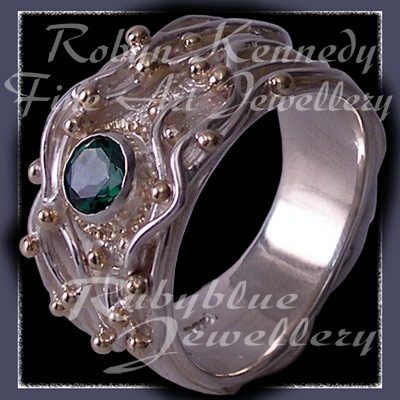 10 Karat Yellow Gold, Sterling Silver and Amethyst, wires and caviar, 'Gem Joy' Rainforest Green Topaz Ring Image
