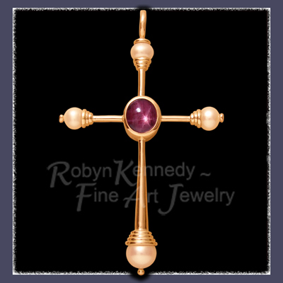 Solid 14 Karat Yellow Gold  'One-of-a-Kind' Star Ruby Cross accented with Genuine Cultured Pearls Image