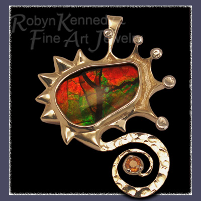 18 Karat Yellow and White Gold, Ammolite and Orange Sapphire, 'Universal Peace' Pendant / Brooch Image