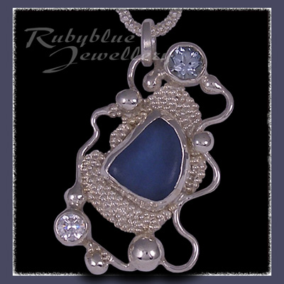 Sterling Silver, Great Lakes 'Beachglass' and Swarovski Cubic Zirconia and Swiss Blue Topaz 'Beachglass' Pendant 27 Image