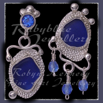 Sterling Silver, Genuine Great Lakes Beach Glass,  Glacier Blue Topaz and Czech Glass  Earrings Image