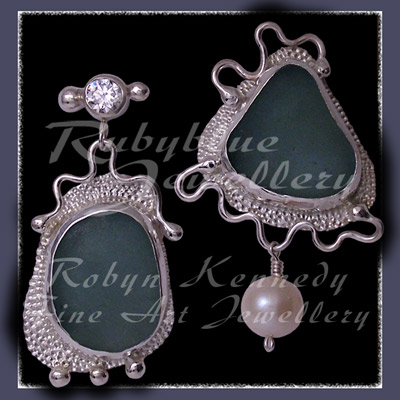 Sterling Silver, Genuine Great Lakes Beach Glass,  Cubic Zirconia and White Pearl  Earrings Image
