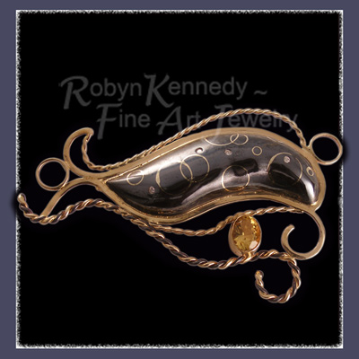 Shakudo 'Black Gold, 10 Karat Yellow Gold, Diamonds and Citrine, One-of-a-Kind,'Black Magic' Pendant / Brooch image