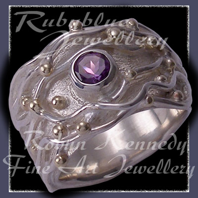 10 Karat Yellow Gold, Sterling Silver and Amethyst, wires and caviar, 'Gem Joy' Amethyst Ring Image