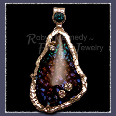 18 Karat Hand Forged Yellow Gold, Sterling Silver, Ammolite, Green Tourmaline and Diamonds 'Hearts Desire' Pendant Image